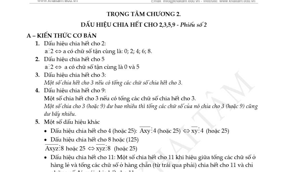 Toán 6: Trọng tâm Chương 2. Phiếu số 2: Dấu hiệu chia hết cho 2-3-5-9
